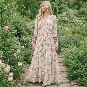 A Collective Story Ivory Floral Maxi Tiered Dress Cottagecore Milk Maid XL